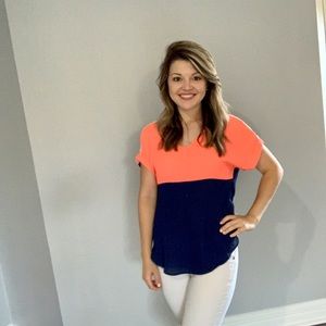 Hot Pink, Navy Blue Semi-Sheer Top